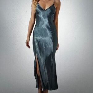 Astr The Lable Satin Dress with Rhinestones - Slate Blue - Small